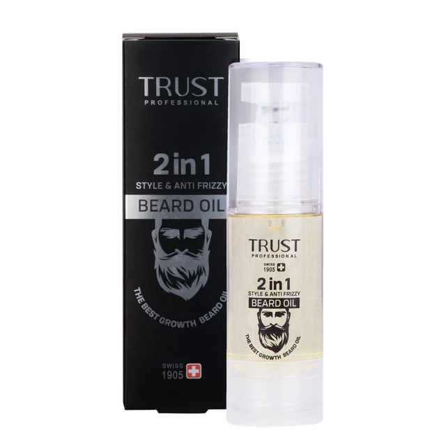 روغن تقویت ریش آقایان تراست - نرم‌کننده و تقویت‌کننده موهای ریش - نرم‌کننده و مرطوب‌کننده ریش‌های خشک و زمخت - تأمین‌کننده ویتامین‌ها و مواد معدنی مورد نیاز برای رشد موهای ریش و سبیل سالم - مرطوب‌کننده و محافظ پوست زیر موی ریش، سبیل - کاهش‌دهنده حساسیت و خارش پوست زیر ریش و سبیل - تمیزکننده و خوشبوکننده موهای ریش، سبیل